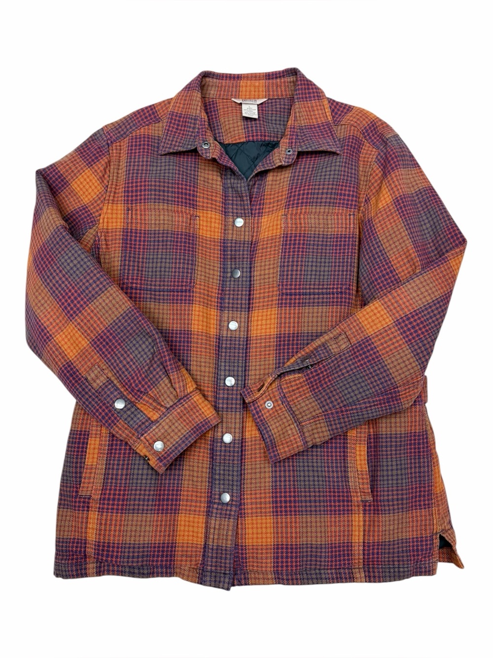 Duluth Trading Co Women’s L Orange Purple Plaid Quilted Flannel Shirt Jacket
